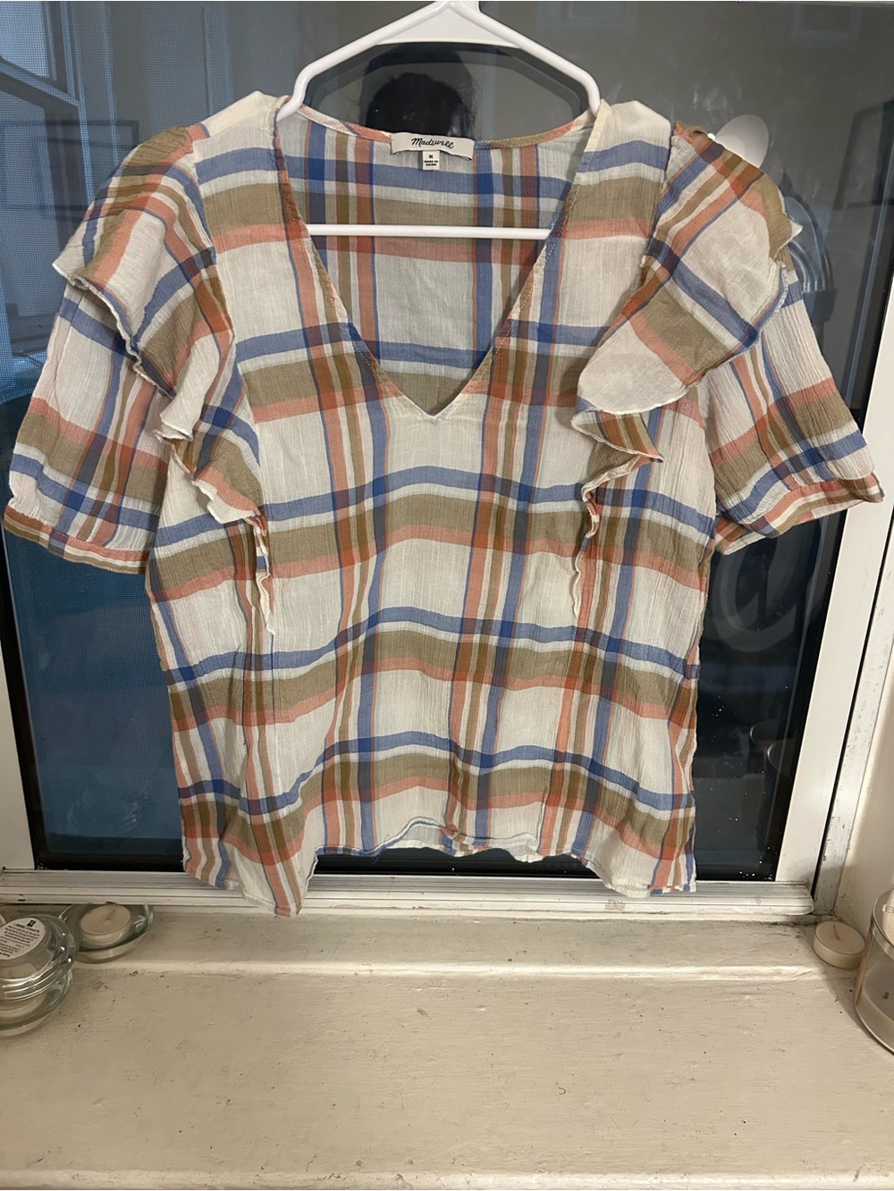 Madewell Short Sleeve Plaid V-Neck Shirt - Cream, Blue, Olive, Rust